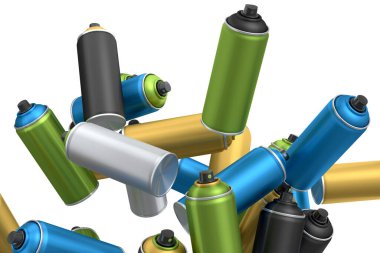 Beyaz arka planda bir sürü uçan sprey boya kutusu var. 3 boyutlu sprey boya şişesi ve beyaz arka planda izole edilmiş sprey boya kutusu. 3D render sprey boya şişesi ve şeker kutusu.