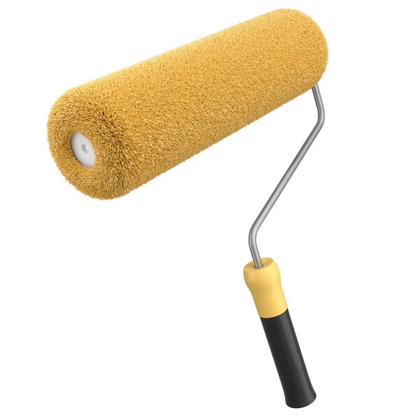Paint roller for painting walls and renovating apartment on white background. 3d render concept of DIY repair in room and renovation banner