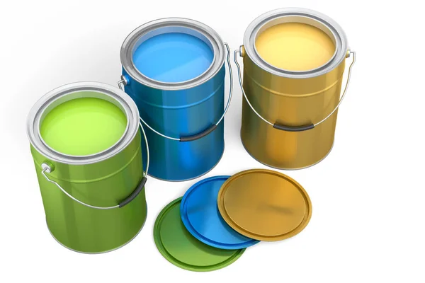 Set Open Metal Can Buckets Paint Handle White Background Render — стоковое фото