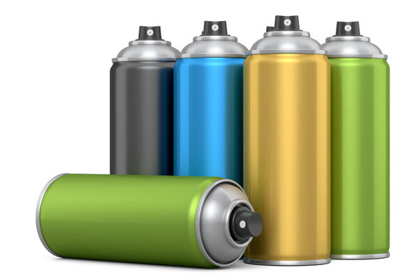 Set of spray paint cans isolated on white background. 3d render spray paint bottle and dispenserCan of spray paint isolated on white background. 3d render spray paint bottle and dispenser