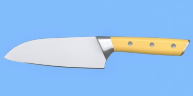 Aşçının mutfak bıçağı mavi arka planda izole edilmiş ahşap saplı. 3 boyutlu Santoku bıçağı ya da profesyonel mutfak gereçleri.