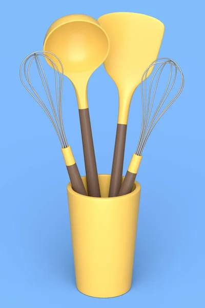 Ustensile Bucătărie Din Siliciu Instrumente Echipamente Suport Fundal Albastru Randare — Fotografie, imagine de stoc