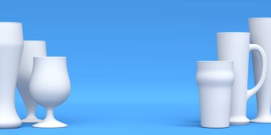 Mavi monokrom arka planda beyaz bira bardakları. Tatillerde alkol kullanımı, Ekim Festivali veya Aziz Patrick Günü