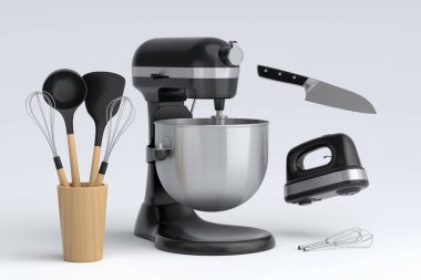 Beyaz arka planda hamur hazırlamak için mutfak gereçleriyle karıştırıcı ve el mikseri. Aşçılık, harmanlama ve karıştırma için 3D pişirme süreci adım adım ve aksesuarları