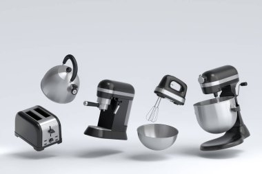 Espresso kahve makinesi, el mikseri, çaydanlık ve tost makinesi beyaz arka planda kahvaltı hazırlamak için. Kahve yapmak için 3D kahve demliği.