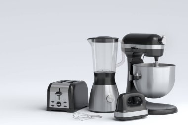 Beyaz arka planda sağlıklı meyve püresi, el çırpıcı ve tost makinesi yapmak için elektrikli blender. Yemek pişirmek için 3D mutfak aleti