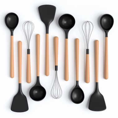 Ahşap mutfak aletleri, beyaz arka planda aletler ve ekipmanlar. Ev yapımı mutfak aletleri ve yemek pişirmek için aksesuarlar