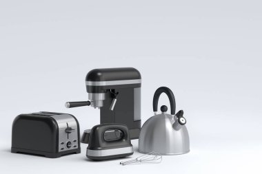 Espresso kahve makinesi, el mikseri, çaydanlık ve tost makinesi beyaz arka planda kahvaltı hazırlamak için. Kahve yapmak için 3D kahve demliği.