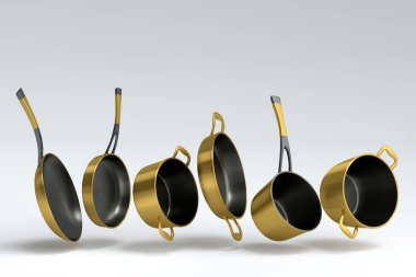 Uçan paslanmaz çelik güveç seti, kızartma tavası ve krom kaplama alüminyum tencereler beyaz arka planda. Yapışmayan mutfak gereçlerinin 3D görüntüsü