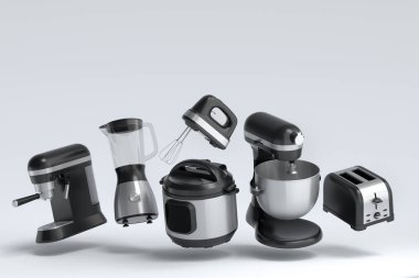 Beyaz arka planda kahvaltı hazırlamak için elektrikli mutfak aletleri ve aletleri. Pişirme, pişirme, karıştırma ve kırbaçlama için 3D mutfak gereçleri