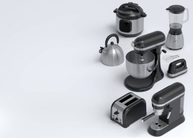 Beyaz arka planda kahvaltı hazırlamak için elektrikli mutfak aletleri ve aletleri. Pişirme, pişirme, karıştırma ve kırbaçlama için 3D mutfak gereçleri