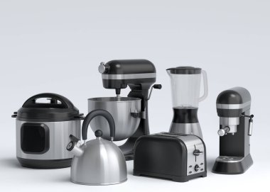 Beyaz arka planda kahvaltı hazırlamak için elektrikli mutfak aletleri ve aletleri. Pişirme, pişirme, karıştırma ve kırbaçlama için 3D mutfak gereçleri