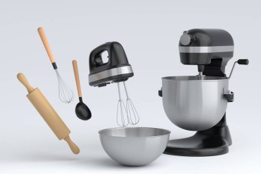 Beyaz arka planda hamur hazırlamak için mutfak gereçleriyle karıştırıcı ve metal kase. Aşçılık, harmanlama ve karıştırma için 3D pişirme süreci adım adım ve aksesuarları