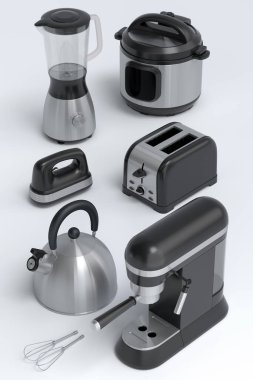 Beyaz arka planda kahvaltı hazırlamak için elektrikli mutfak aletleri ve aletleri. Pişirme, pişirme, karıştırma ve kırbaçlama için 3D mutfak gereçleri