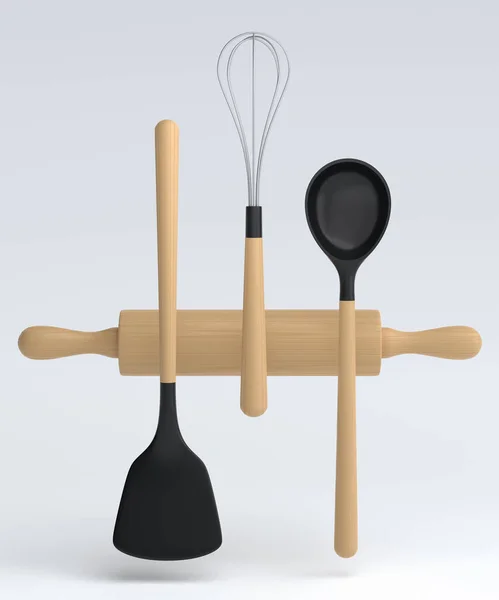 白い背景に木製のキッチン用品 ツールや機器 家庭用キッチンツールや調理用アクセサリーの3Dレンダリング — ストック写真