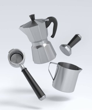 Beyaz arka planda kahvaltı hazırlamak için boynuzlu ve gayzer kahve makineli Espresso kahve makinesi. Kahve yapmak için 3D kahve demliği.