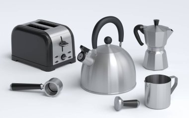 Çaydanlık, tost makinesi, kahve makinesi boynuzu ve beyaz arka planda gayzer kahve makinesi. 3 boyutlu mutfak gereçleri kahve ile kahvaltı hazırlıyor.