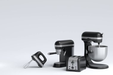 Espresso kahve makinesi, el mikseri, çaydanlık ve tost makinesi beyaz arka planda kahvaltı hazırlamak için. Kahve yapmak için 3D kahve demliği.