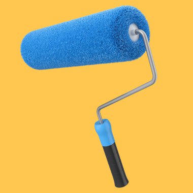 Duvarları boyamak ve sarı arka plandaki daireyi yenilemek için boya silindiri. 3D render konsepti oda onarımı ve yenileme pankartı