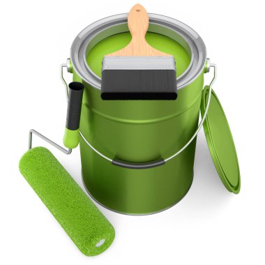 Beyaz arka plandaki duvarları boyamak için boya silindirli metal teneke kutu ya da kovaları açın. 3D yenileme konsepti ve DIY onarımı