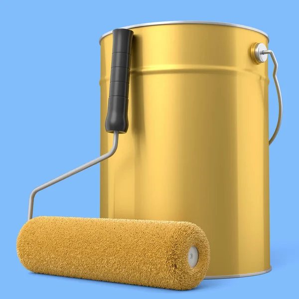 Open metal can or buckets with paint roller for painting walls on blue background. 3d render of renovation concept and DIY repair in room