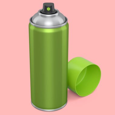 Pembe arka planda izole edilmiş sprey boya kutusu. 3D render sprey boya şişesi ve şeker kutusu.