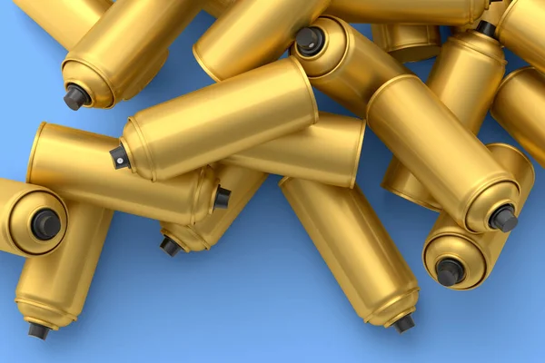 Lots Flying Gold Spray Paint Cans Blue Background Render Spray — Stock Photo, Image