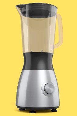 Sarı arka planda izole edilmiş sağlıklı meyve suyu yapmak için elektrikli blender. Yemek pişirmek için 3D mutfak aleti