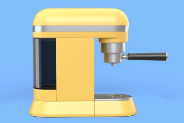 Espresso kahve makinesi ve mavi arka planda bir korna. Kahve yapmak için 3D kahve demliği.