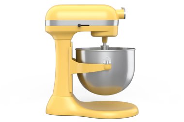 Beyaz arka planda pişirmek için modern mutfak mikseri. Yemek pişirme, karıştırma ve karıştırma için ev mutfak aletleri ve aksesuarları 3D hazırlama