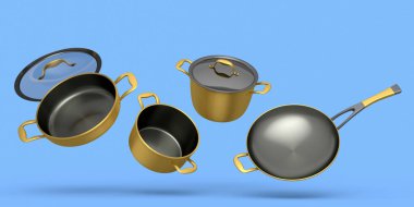 Set of flying stainless steel stewpot, frying pan and chrome plated aluminum cookware on blue background. 3d render of non-stick kitchen utensils