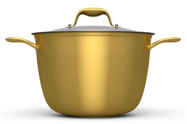 Paslanmaz çelik güveç ve beyaz arka planda krom kaplama alüminyum tencere. Yapışmayan mutfak gereçlerinin 3D görüntüsü