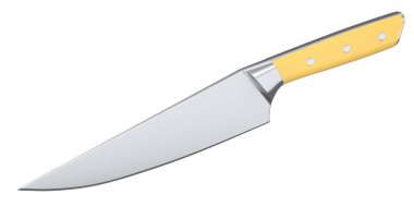 Şefin mutfak bıçağı beyaz arka planda izole edilmiş ahşap saplı. 3 boyutlu kasap bıçağı ya da profesyonel mutfak aletleri.