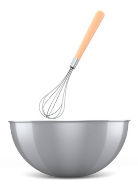 Beyaz arka planda izole edilmiş hamur hazırlamak için çırpılmış metal kase. Aşçılık, harmanlama ve karıştırma için 3D pişirme süreci adım adım ve aksesuarları