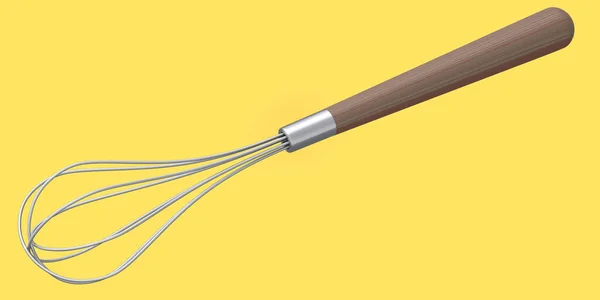 Steel Whisk Wooden Handle Isolated Yellow Background Render Home Kitchen — Stock Photo, Image