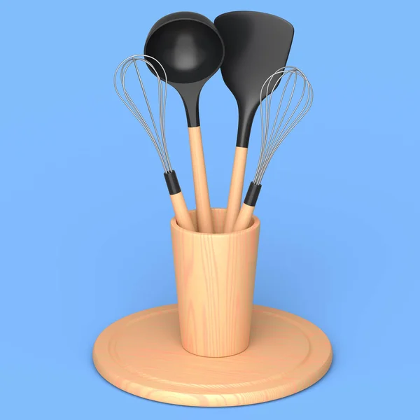 Ustensiles Cuisine Silicone Outils Équipements Support Sur Fond Bleu Rendement — Photo