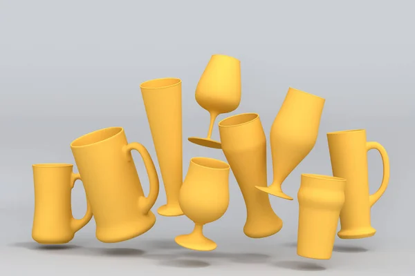 Zestaw Żółtych Szklanek Świeżego Piwa Draftowego Szarym Monochromatycznym Tle Renderowania — Zdjęcie stockowe