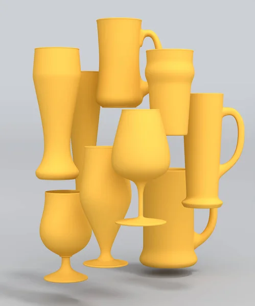 一套灰色单色背景的新鲜生啤酒的黄色玻璃杯 在假日 Oktoberfest或St Patricks节上饮酒的3D概念 — 图库照片