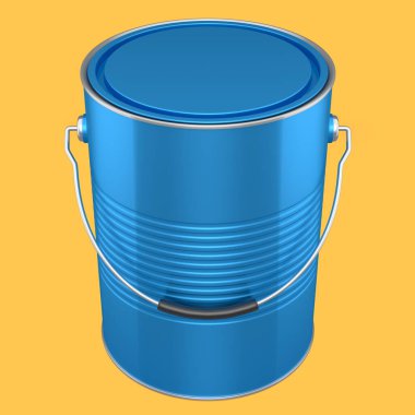 Kapalı metal kutu ya da sarı arka planda tutacağı olan boya kovaları. 3D yenileme konsepti ve iç tasarım