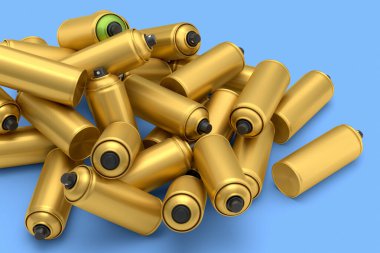 Mavi arka planda bir sürü uçan altın rengi sprey boya kutusu var. 3 boyutlu sprey boya şişesi ve beyaz arka planda izole edilmiş sprey boya kutusu. 3D render sprey boya şişesi ve şeker kutusu.