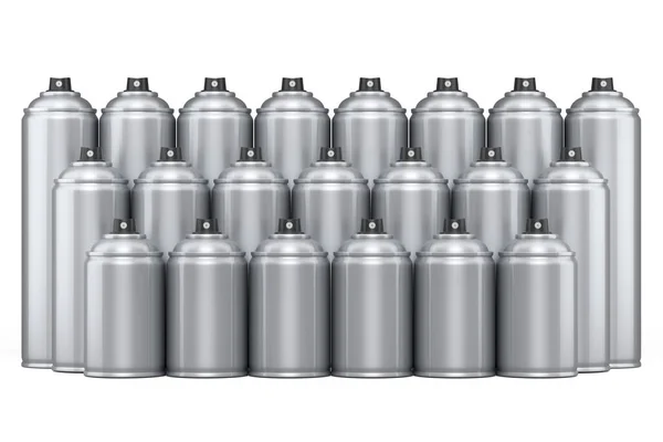 Set Silver Spray Paint Cans Row White Background Render Spray — Stock Photo, Image