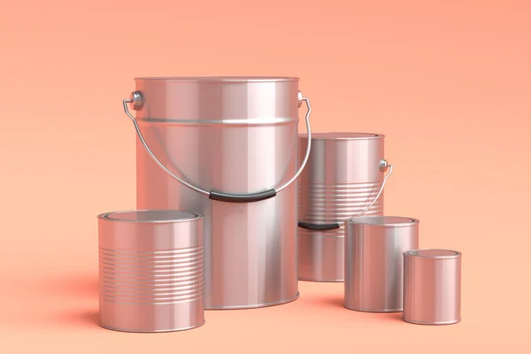 Set Metal Cans Buckets Paint Handle Orange Background Render Renovation — Stock Photo, Image