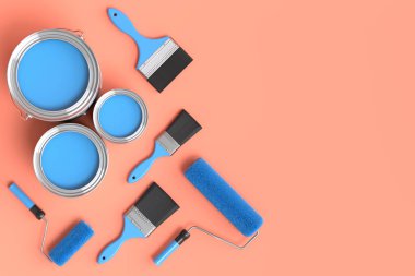 Turuncu arka plandaki duvarları boyamak için boya silindirli metal teneke ya da kova seti. 3D yenileme konsepti ve iç tasarım