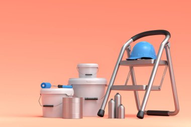 Katlanan merdiven, kova, güvenlik kaskı boya ruloları ve turuncu arka planda duvarları boyamak için fırçalar. 3D yenileme konsepti ve iç tasarım