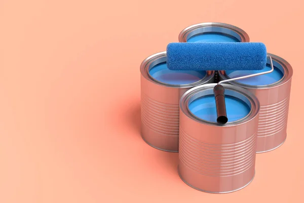 Set Metal Cans Buckets Paint Roller Brush Painting Walls Orange — Foto Stock