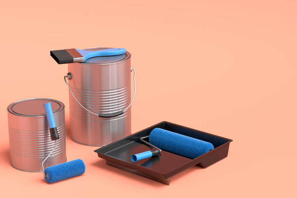 Set of metal cans or buckets with paint roller and tray for painting walls on orange background. 3d render of renovation apartment concept and interior design