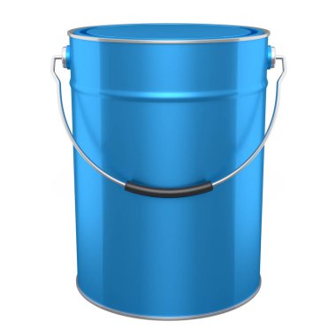 Kapalı metal kutu ya da beyaz arka planda tutacağı olan boya kovaları. 3D yenileme konsepti ve iç tasarım