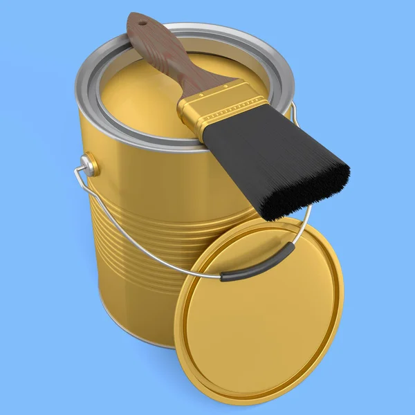 Open Metal Can Buckets Paint Bristle Brush Blue Background Render — Fotografia de Stock