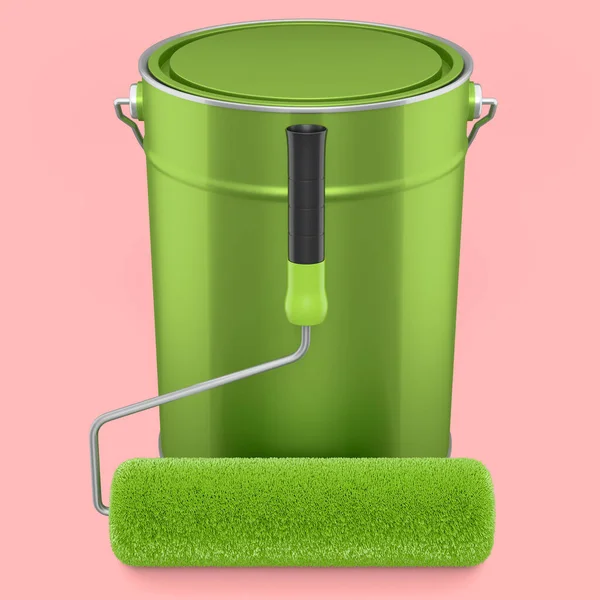 Open metal can or buckets with paint roller for painting walls on pink background. 3d render of renovation concept and DIY repair in room