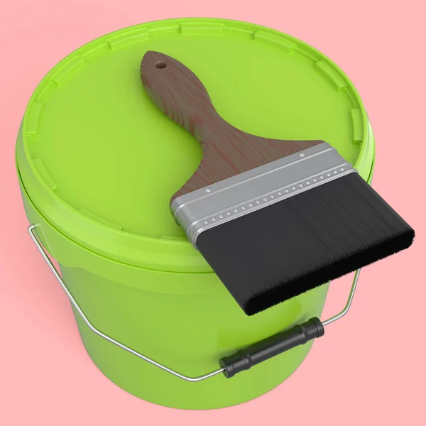 Closed Plastic Can Buckets Paint Bristle Brush Pink Background Render — Stockfoto
